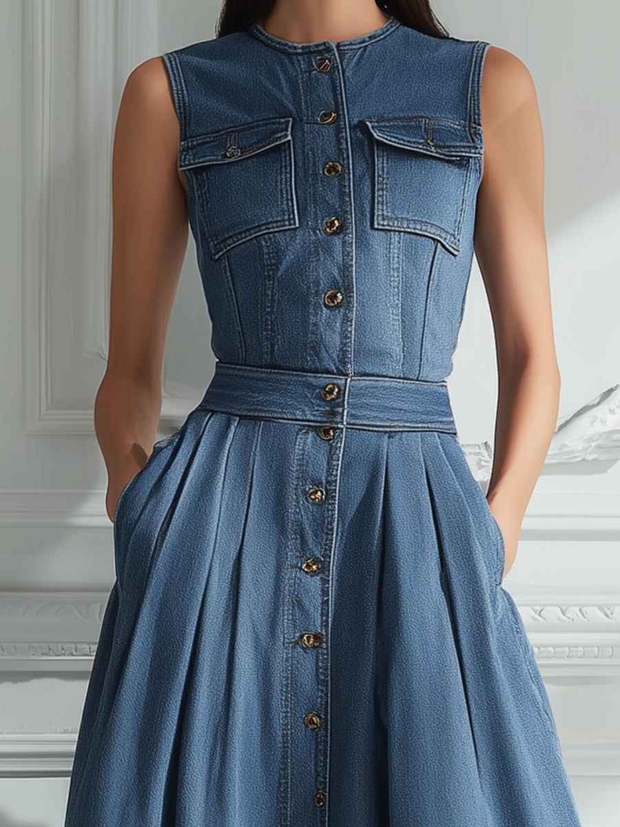 Sleeveless Button-Front Denim Maxi Dress