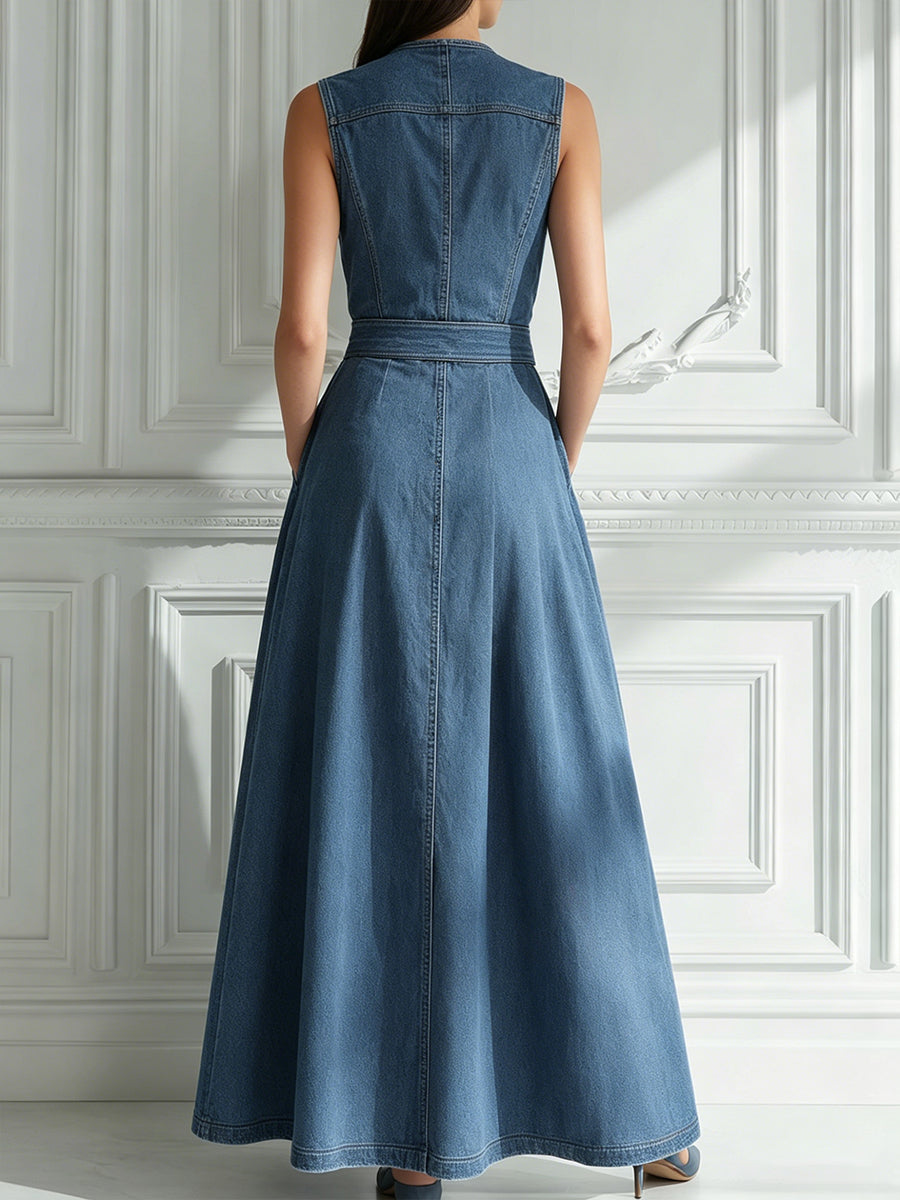 Sleeveless Button-Front Denim Maxi Dress
