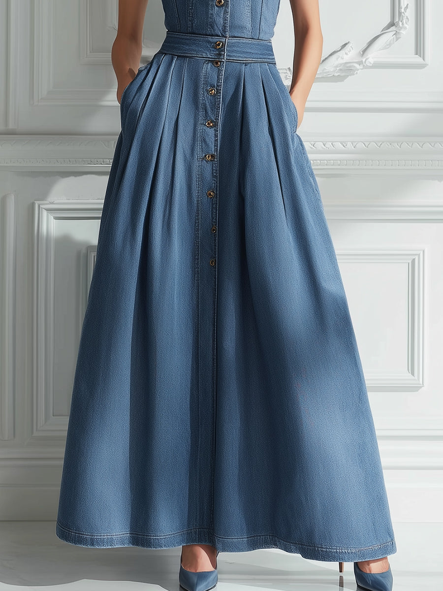 Sleeveless Button-Front Denim Maxi Dress