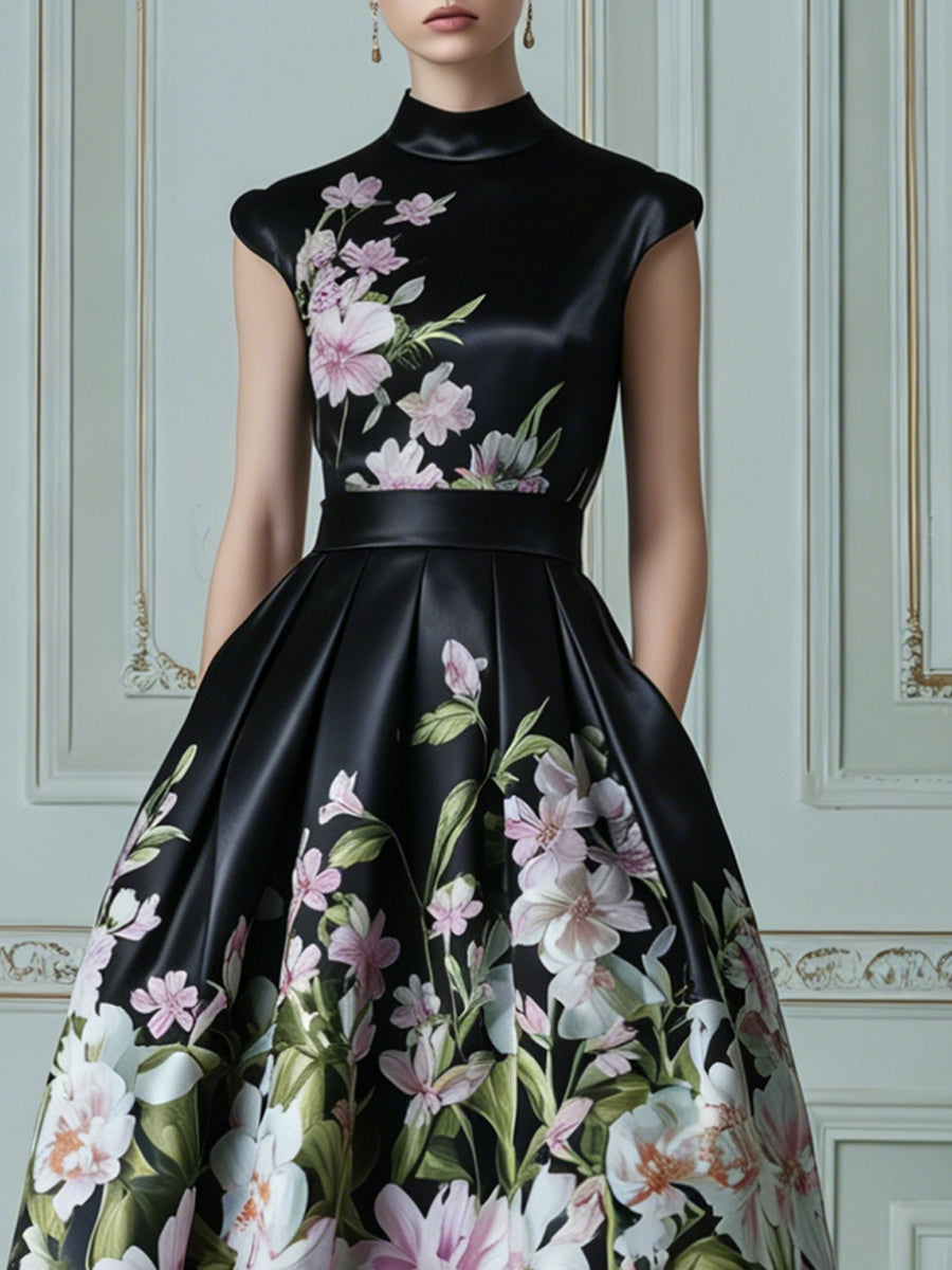Vintage Painterly Dahlia Print Satin Midi Dress