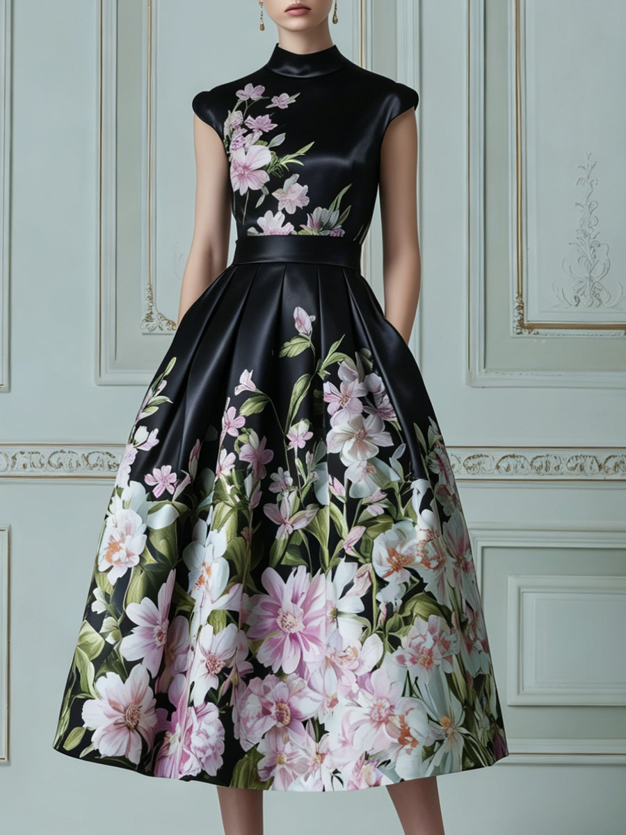 Vintage Painterly Dahlia Print Satin Midi Dress