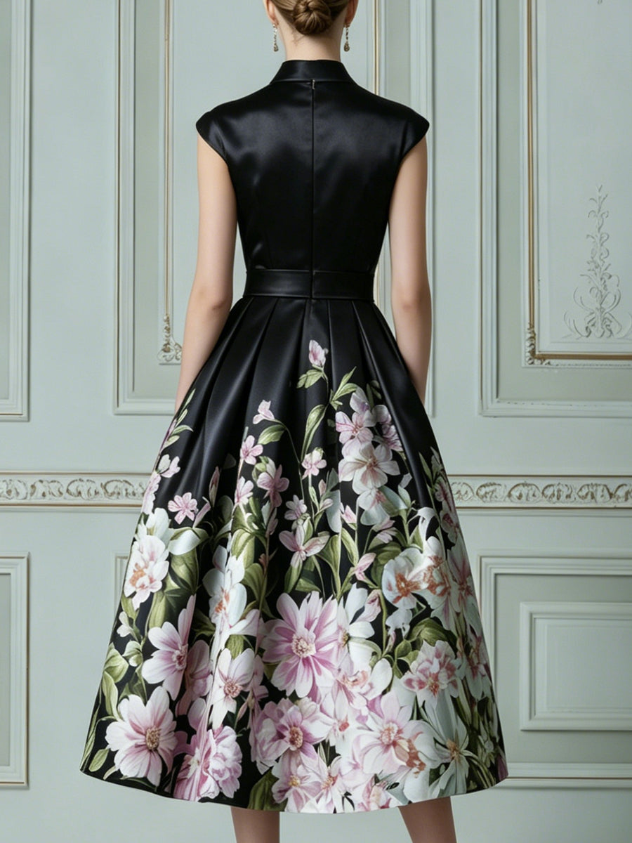 Vintage Painterly Dahlia Print Satin Midi Dress