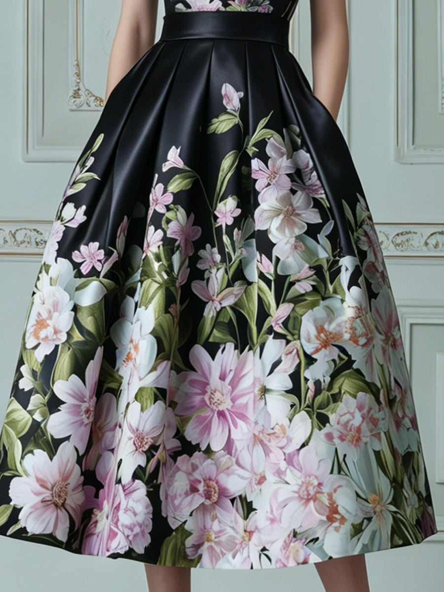 Vintage Painterly Dahlia Print Satin Midi Dress
