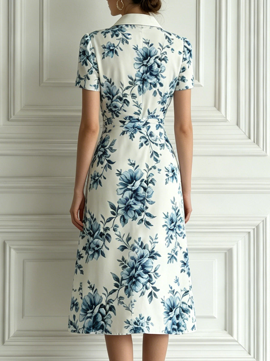 Lapel Collar Short Sleeve Blue Floral Print Wrap Midi Dress