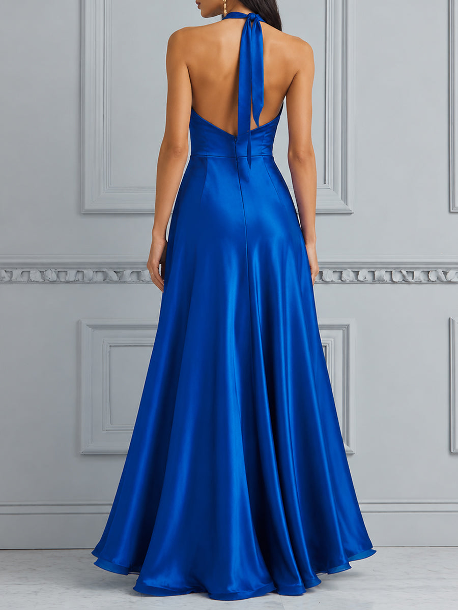 Elegant Halter Neck Satin Maxi Dress
