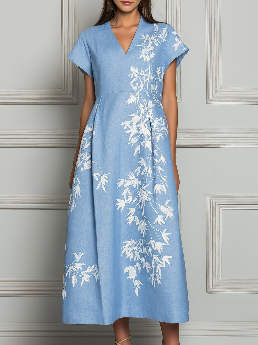 Loose Blue White Bamboo Print Cotton‑Linen Casual Dress
