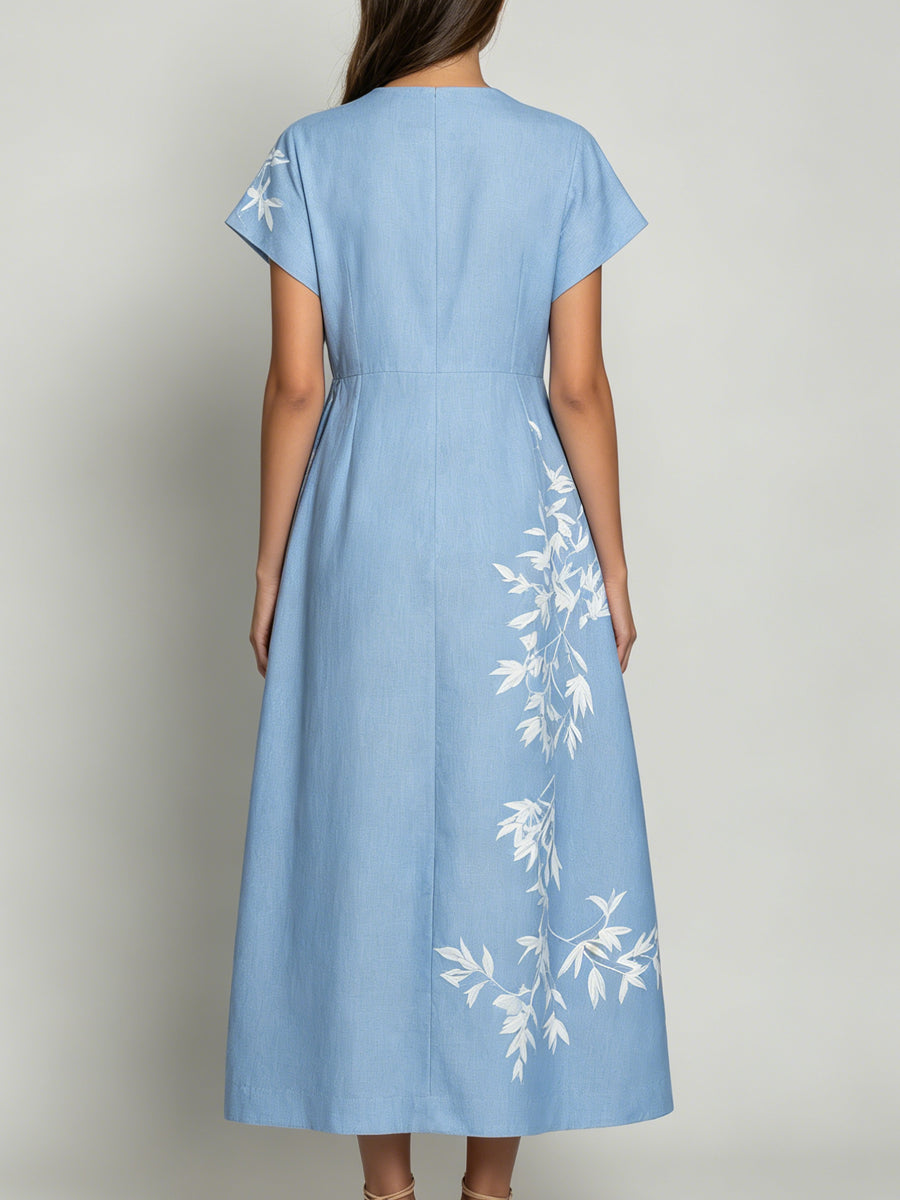 Loose Blue White Bamboo Print Cotton‑Linen Casual Dress
