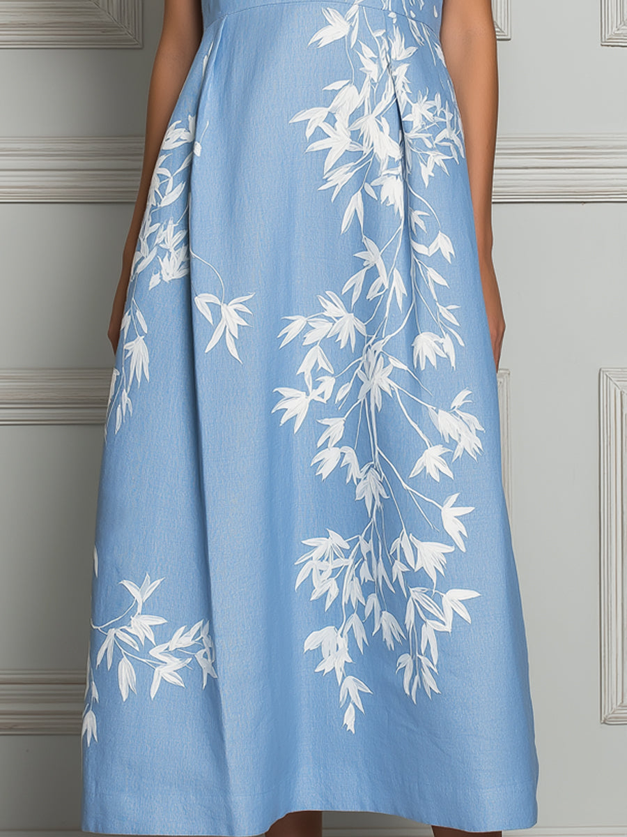 Loose Blue White Bamboo Print Cotton‑Linen Casual Dress