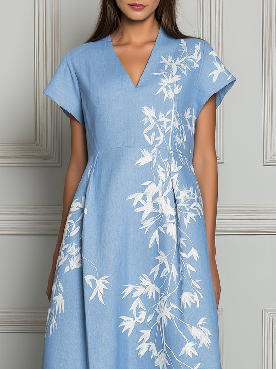Loose Blue White Bamboo Print Cotton‑Linen Casual Dress