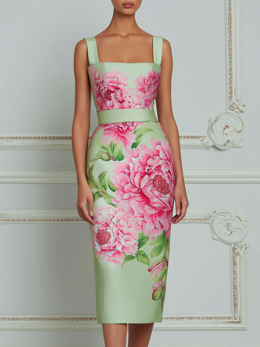 Elegant Mint Satin Midi Dress With Artistic Pink Peony