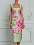 Elegant Mint Satin Midi Dress With Artistic Pink Peony