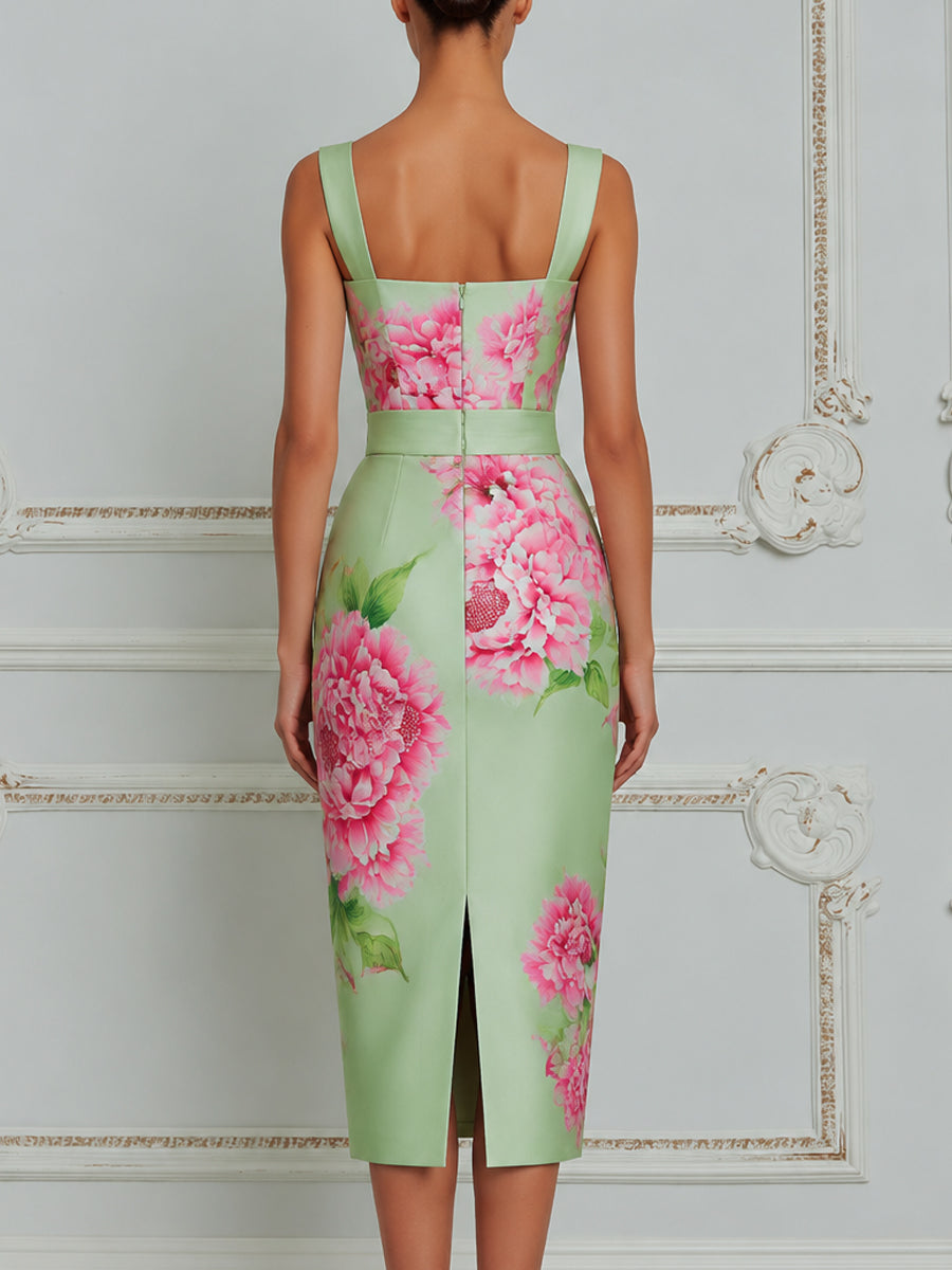 Elegant Mint Satin Midi Dress With Artistic Pink Peony