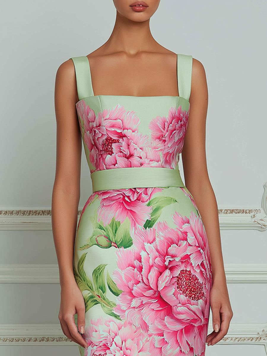 Elegant Mint Satin Midi Dress With Artistic Pink Peony