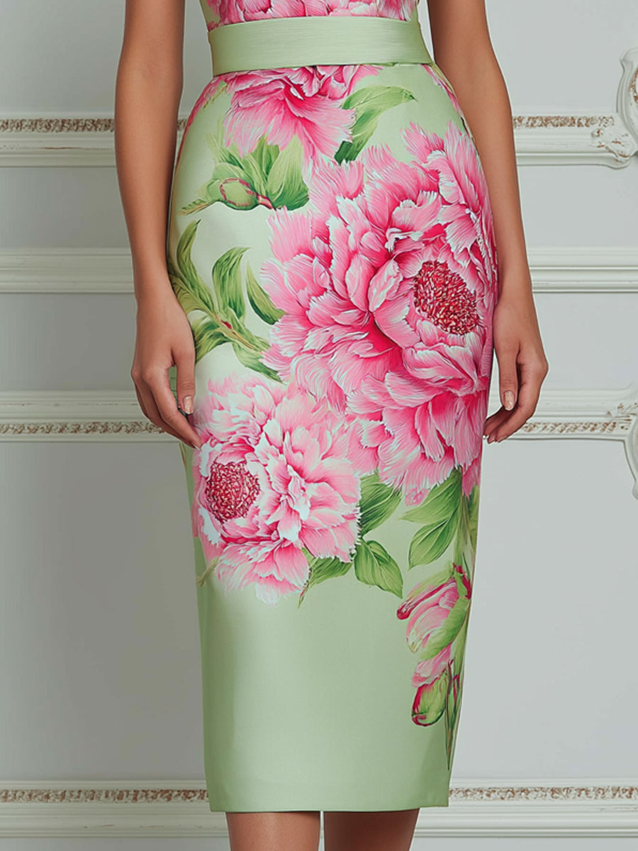 Elegant Mint Satin Midi Dress With Artistic Pink Peony