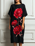 Relaxed Red Rose Print Casual Shift Midi Dress