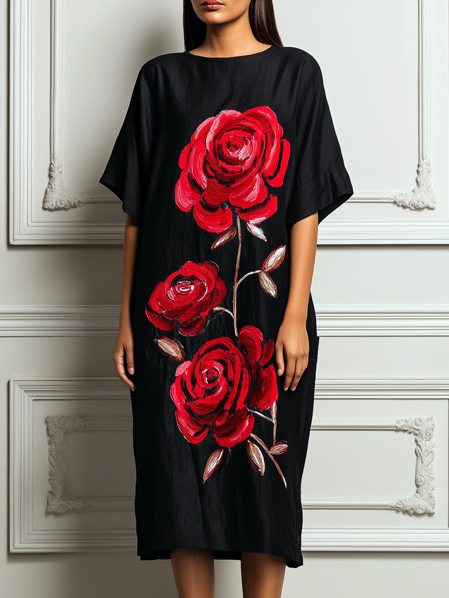 Relaxed Red Rose Print Casual Shift Midi Dress