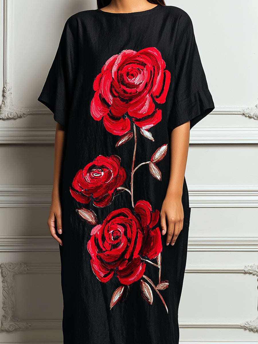 Relaxed Red Rose Print Casual Shift Midi Dress