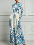 Ivory Blue Baroque Porcelain‑Inspired Print Maxi Dress