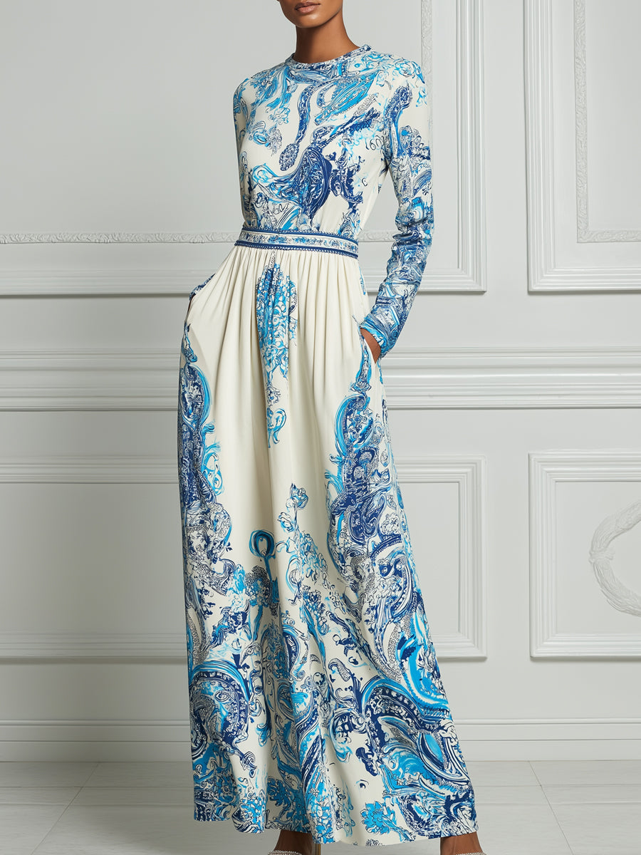 Ivory Blue Baroque Porcelain‑Inspired Print Maxi Dress