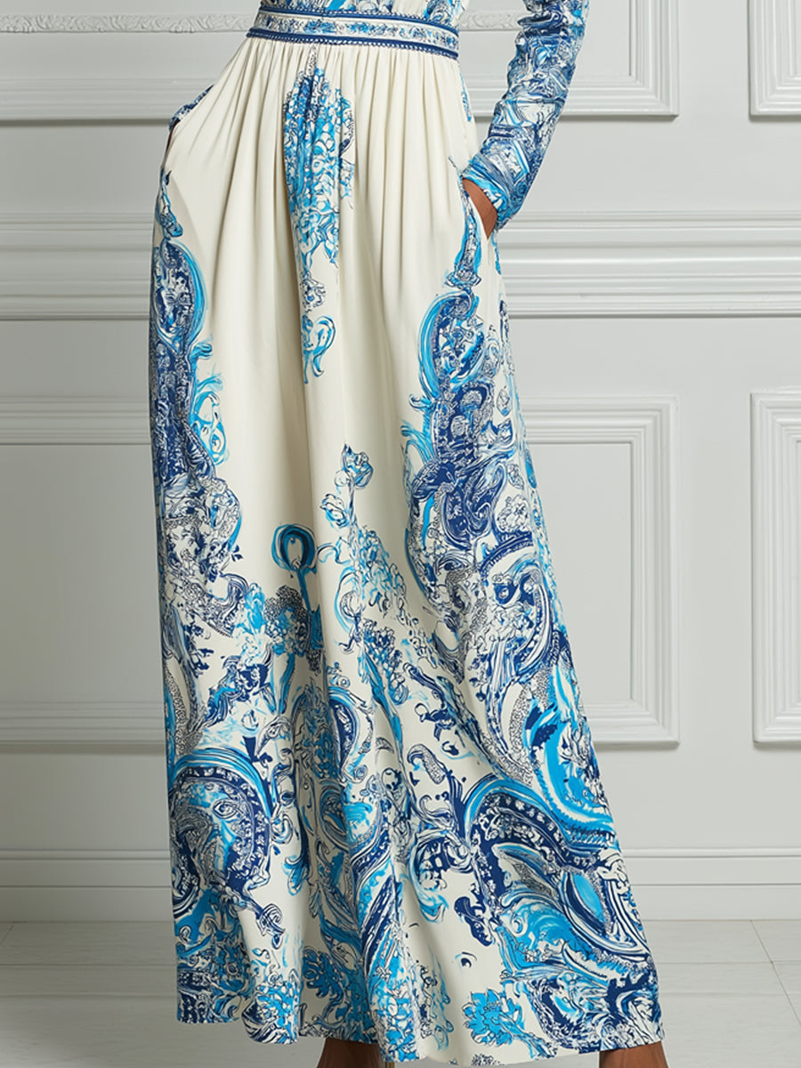 Ivory Blue Baroque Porcelain‑Inspired Print Maxi Dress