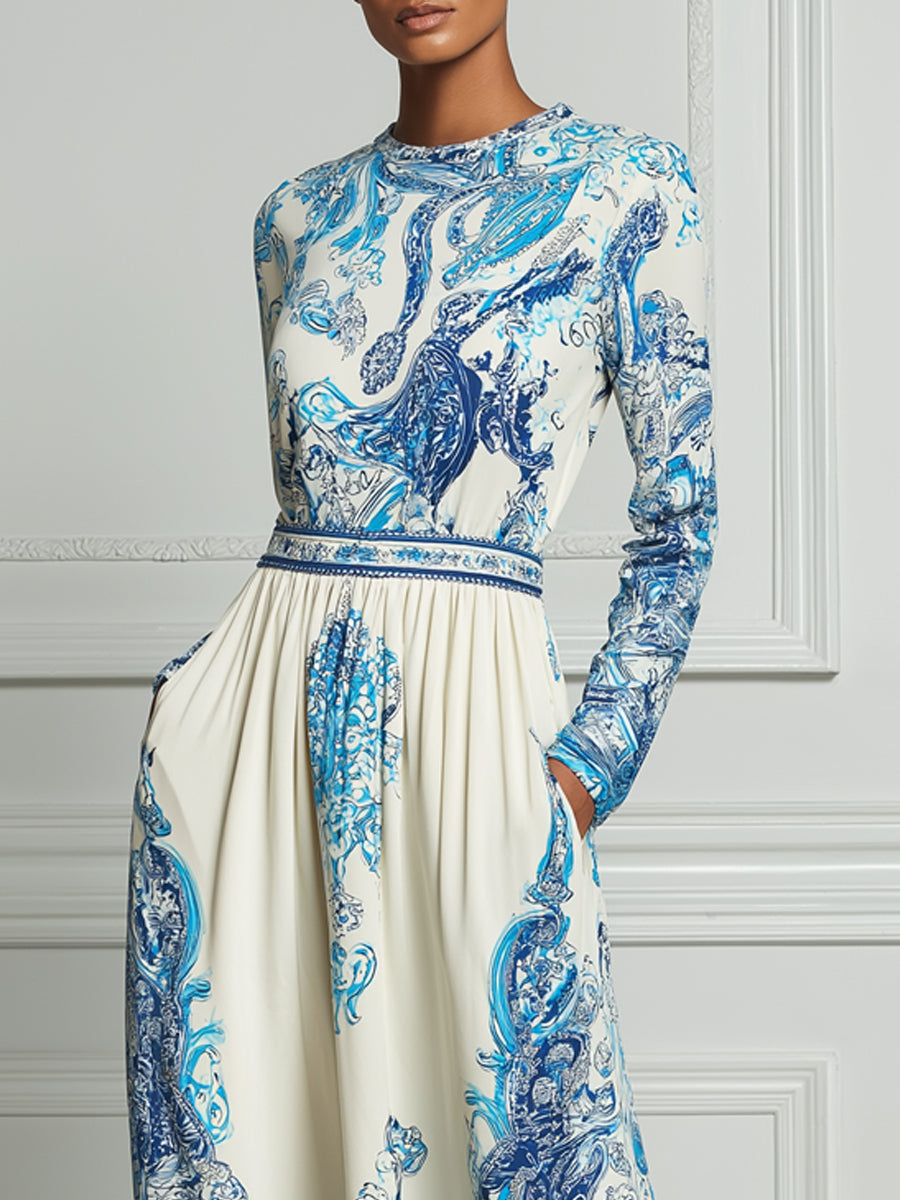 Ivory Blue Baroque Porcelain‑Inspired Print Maxi Dress