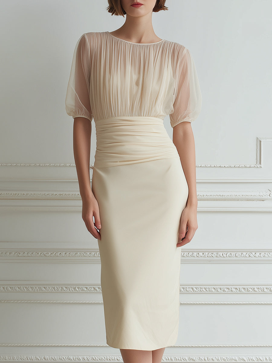 Elegant Sheer Pleated Waist Midi Dress