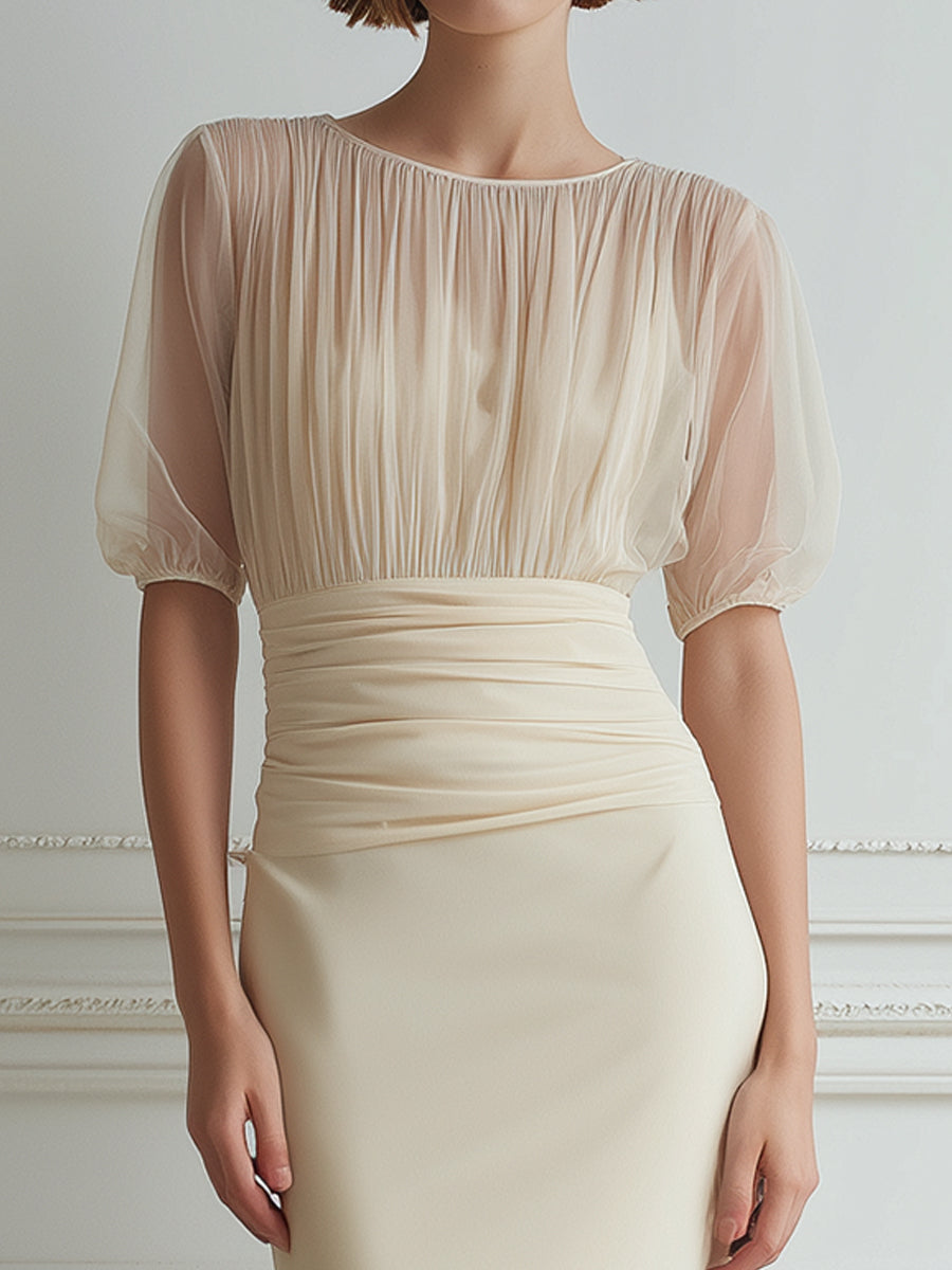 Elegant Sheer Pleated Waist Midi Dress