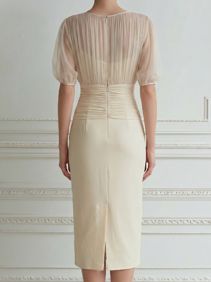 Elegant Sheer Pleated Waist Midi Dress