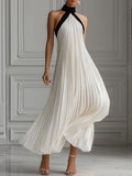 Elegant Pleated Monochrome Halter Maxi Dress