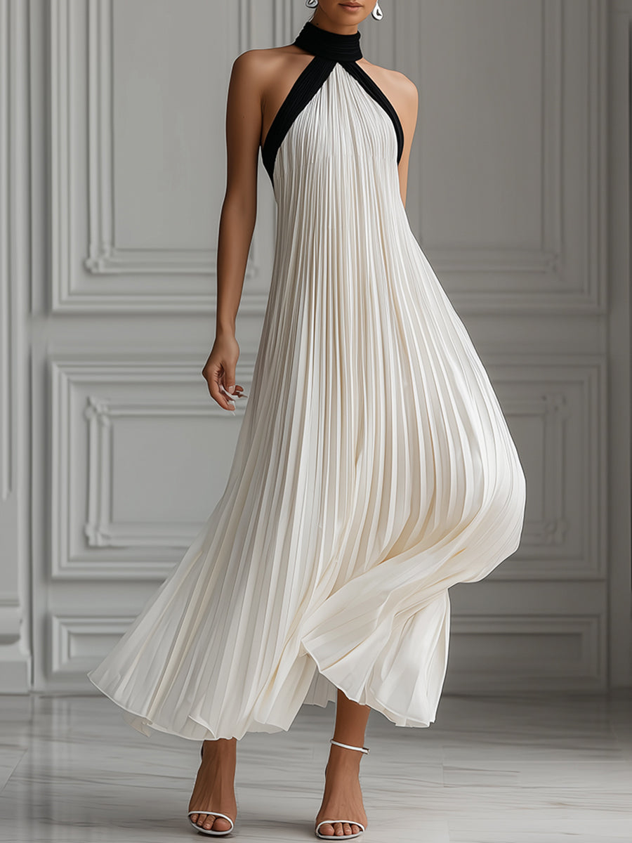 Elegant Pleated Monochrome Halter Maxi Dress