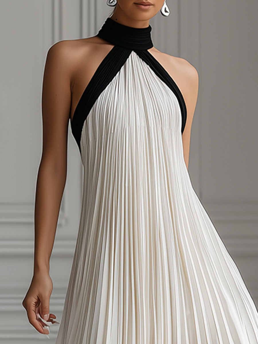 Elegant Pleated Monochrome Halter Maxi Dress