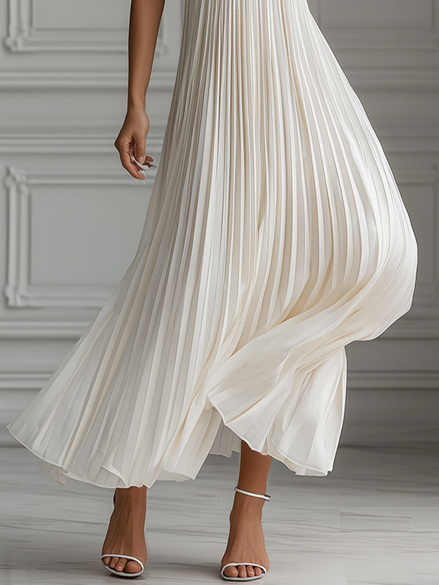 Elegant Pleated Monochrome Halter Maxi Dress