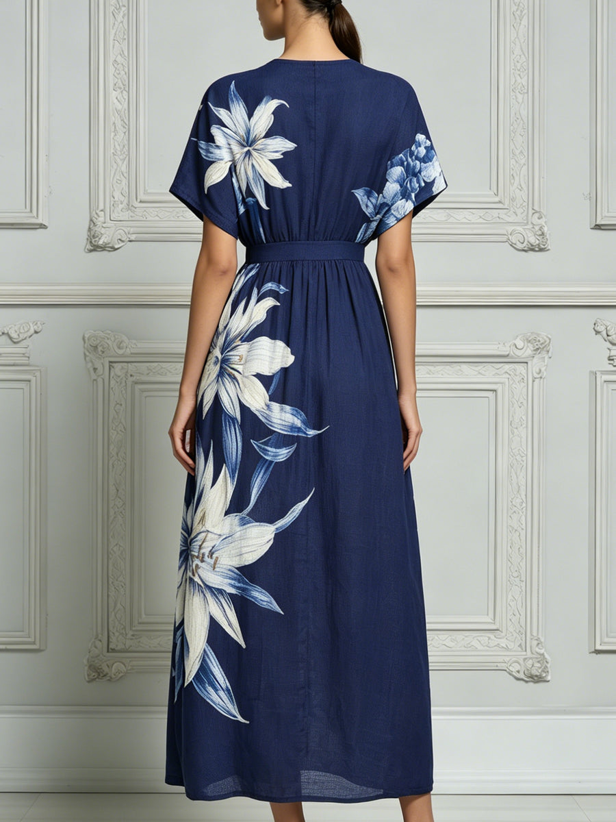 Navy Blue White Oversized Floral Print Midi Dress