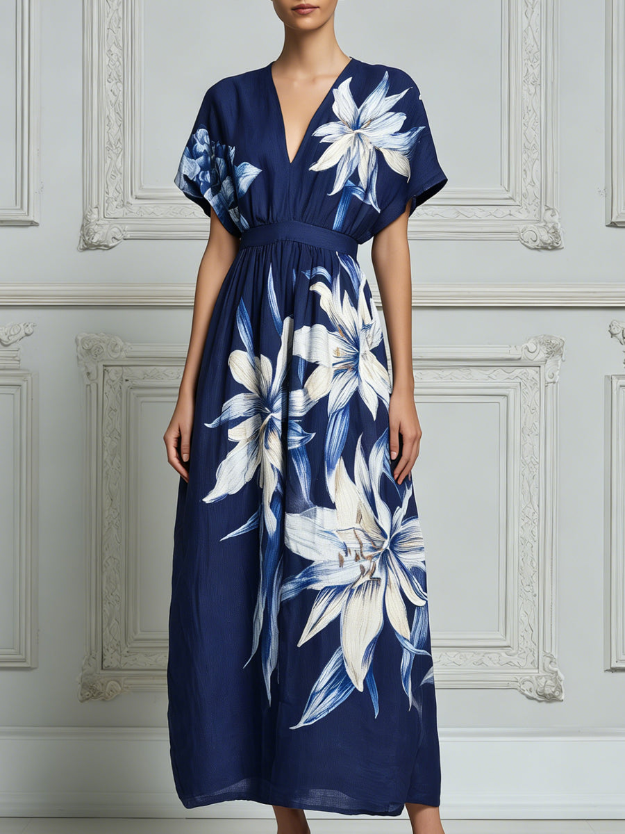 Navy Blue White Oversized Floral Print Midi Dress