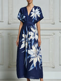 Navy Blue White Oversized Floral Print Midi Dress