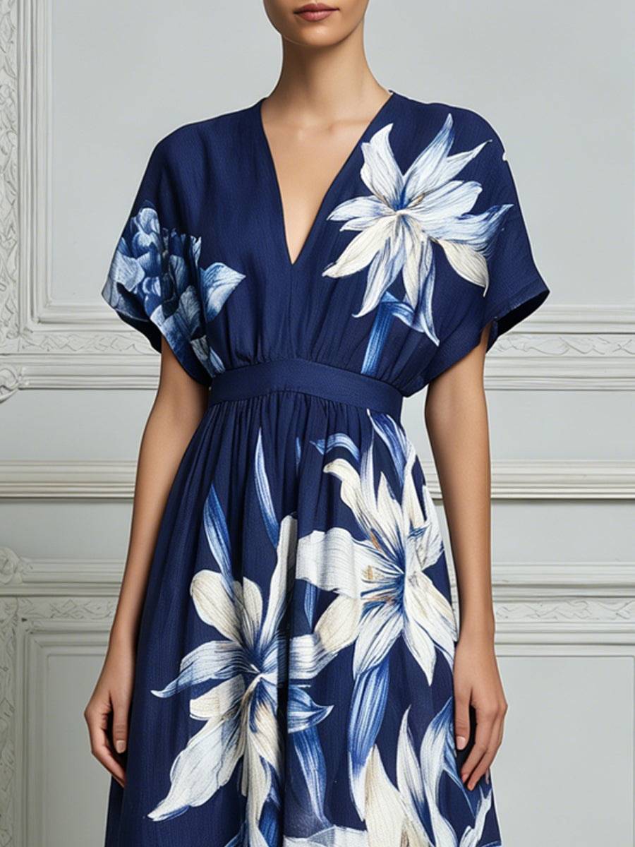 Navy Blue White Oversized Floral Print Midi Dress