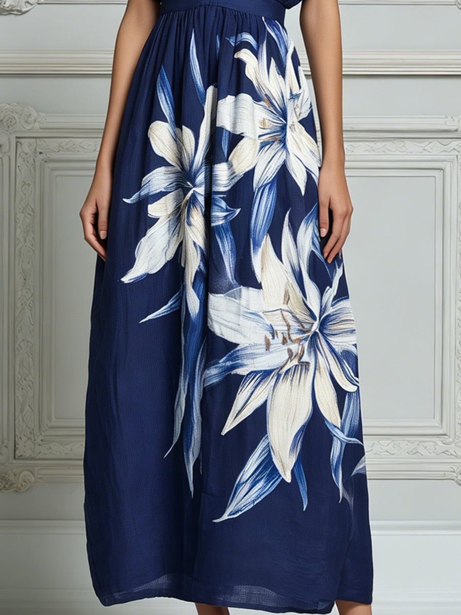 Navy Blue White Oversized Floral Print Midi Dress