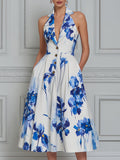 Elegant Floral Halter A-Line Midi Dress