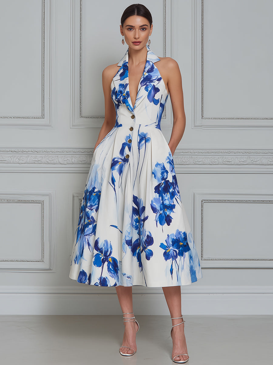 Elegant Floral Halter A-Line Midi Dress