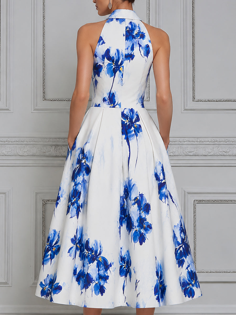 Elegant Floral Halter A-Line Midi Dress