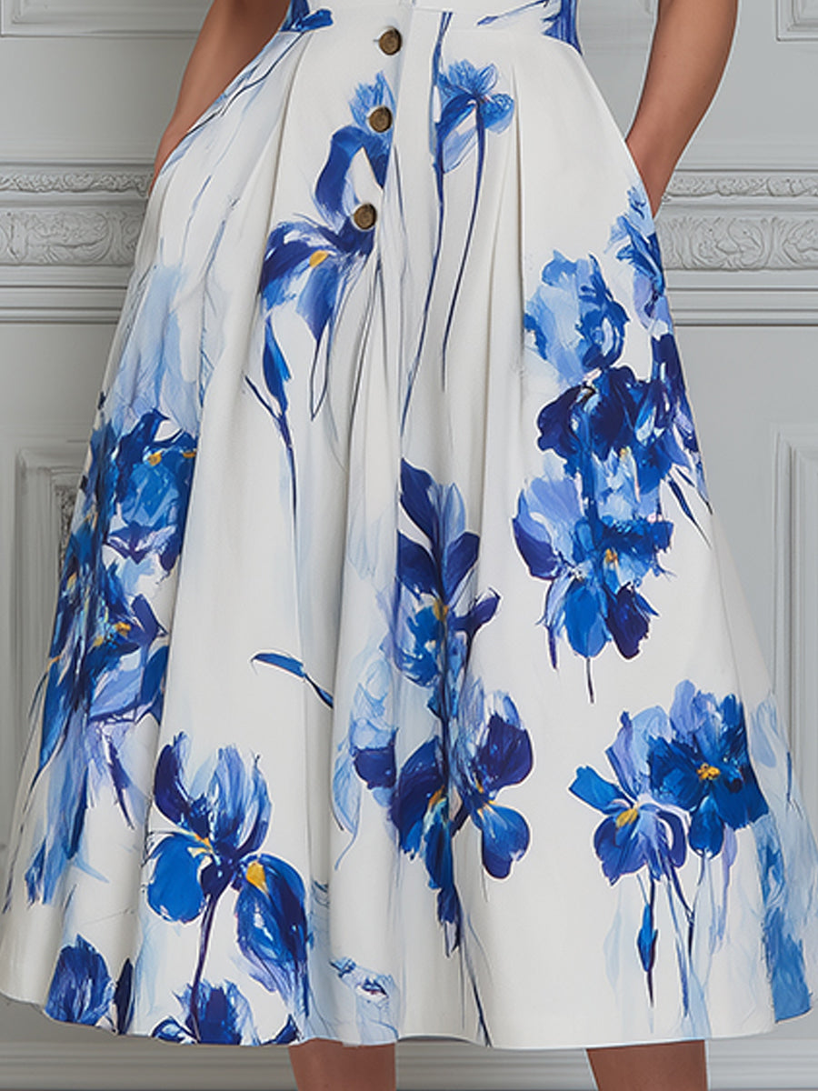 Elegant Floral Halter A-Line Midi Dress