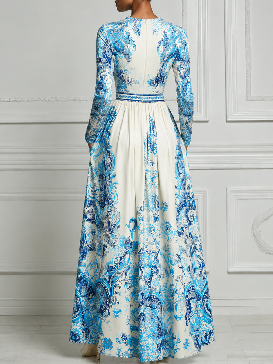 Ivory Blue Baroque Porcelain‑Inspired Print Maxi Dress