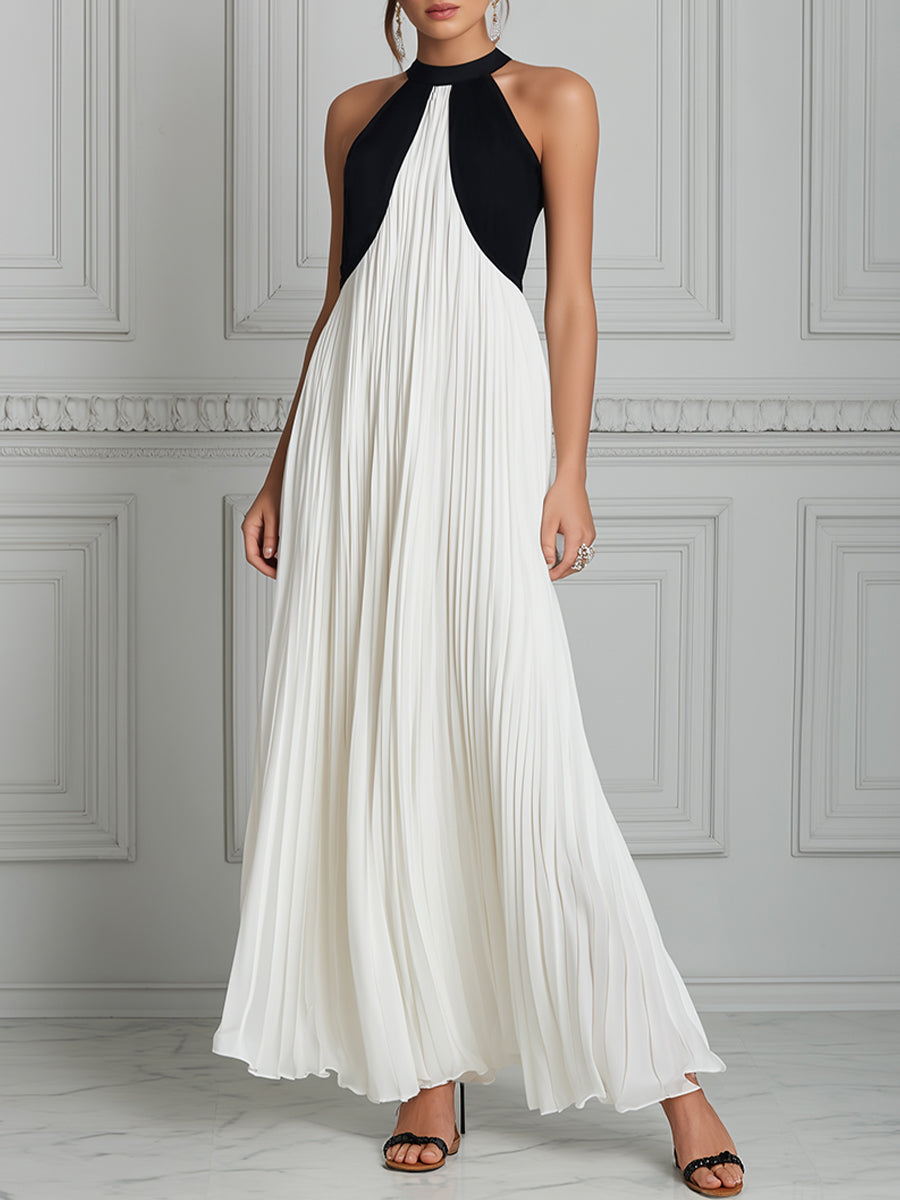 Monochrome Majesty Pleated Halter Maxi Dress