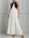 Monochrome Majesty Pleated Halter Maxi Dress