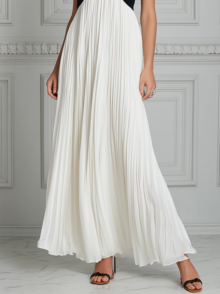 Monochrome Majesty Pleated Halter Maxi Dress