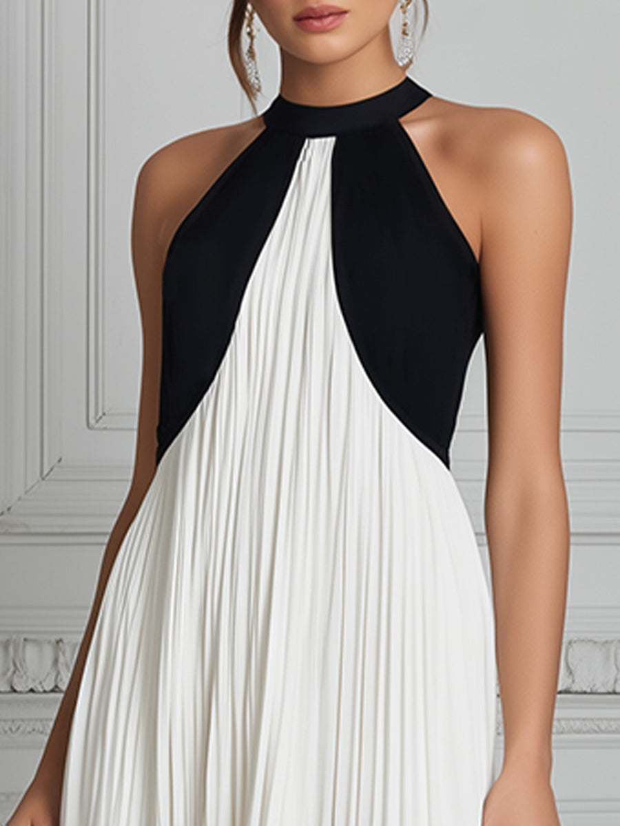 Monochrome Majesty Pleated Halter Maxi Dress