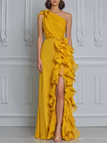 Golden One-Shoulder Ruffle Slit Maxi Gown