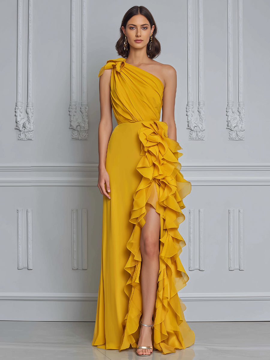 Golden One-Shoulder Ruffle Slit Maxi Gown