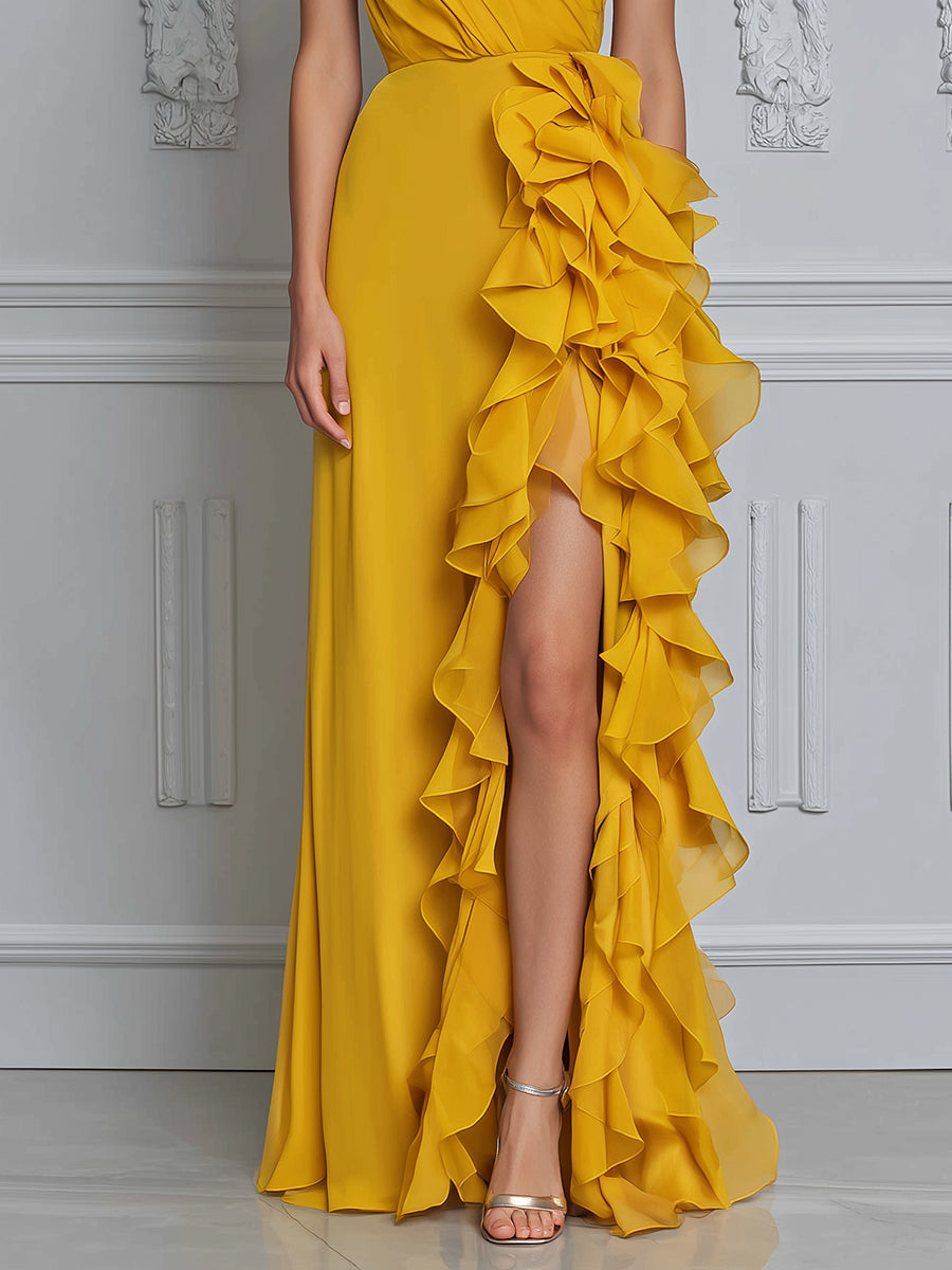 Golden One-Shoulder Ruffle Slit Maxi Gown