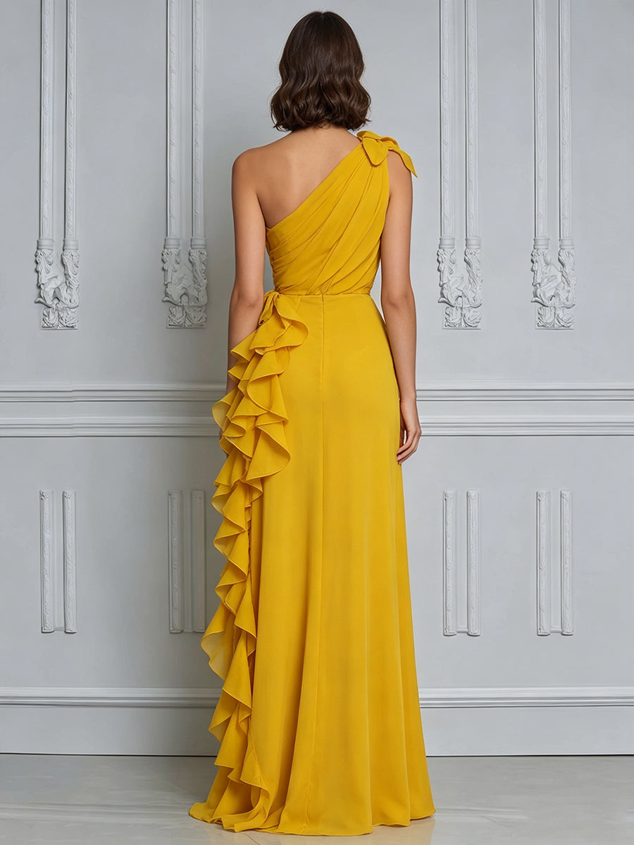 Golden One-Shoulder Ruffle Slit Maxi Gown